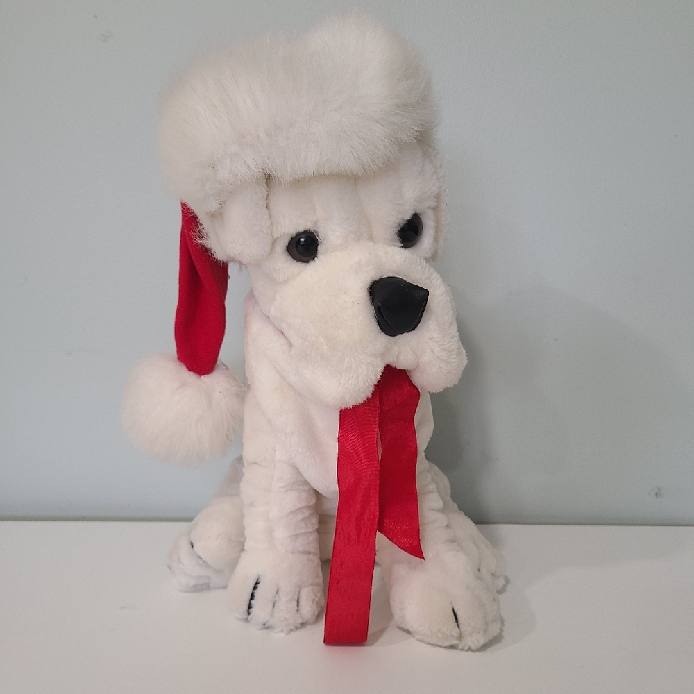 1985 Vintage Prestige Toy Corp White Dog Christmas Santa Plush Stuffed Animal